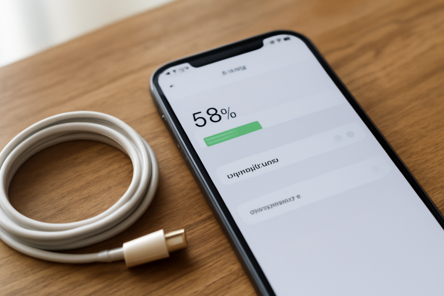 Ponsel Android menampilkan halaman pengaturan baterai di atas meja kayu dengan kabel pengisi daya