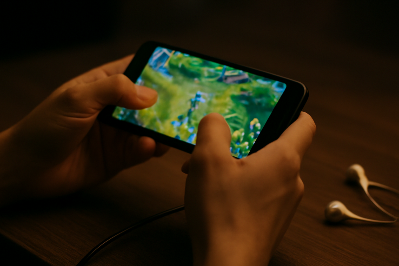 Tangan memegang HP Android sambil bermain game dengan pengaturan grafis untuk menghemat baterai