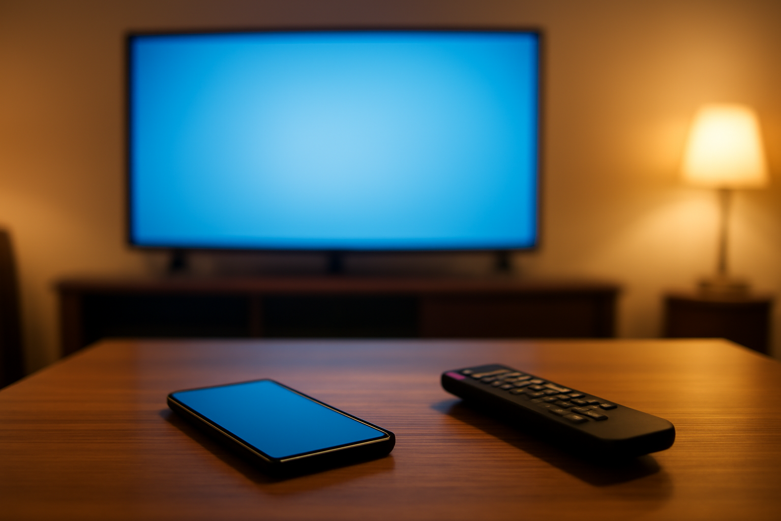 HP di atas meja dengan remote TV dan televisi menyala di latar belakang