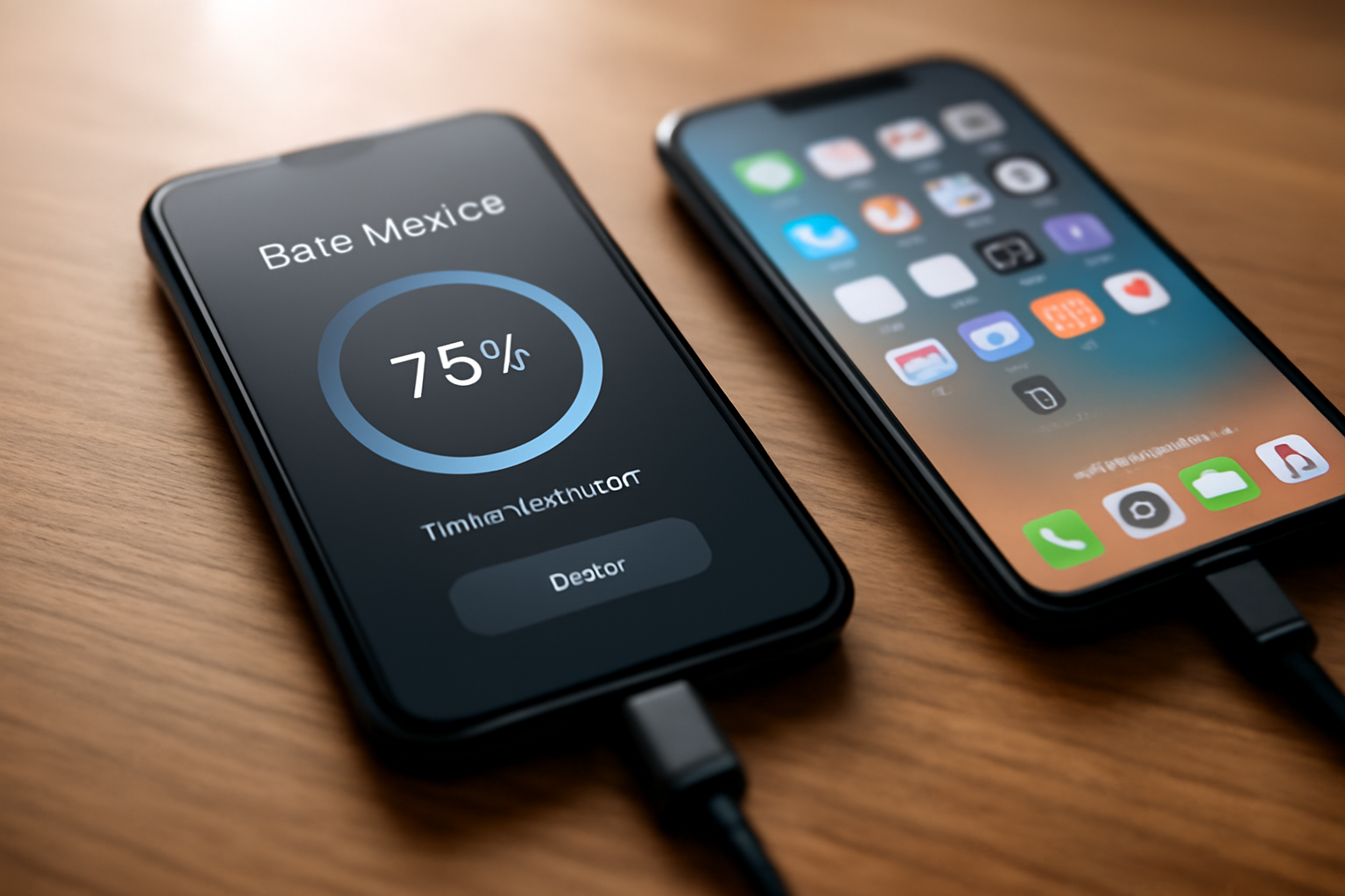 Dua HP di atas meja dengan kabel USB sedang melakukan transfer data