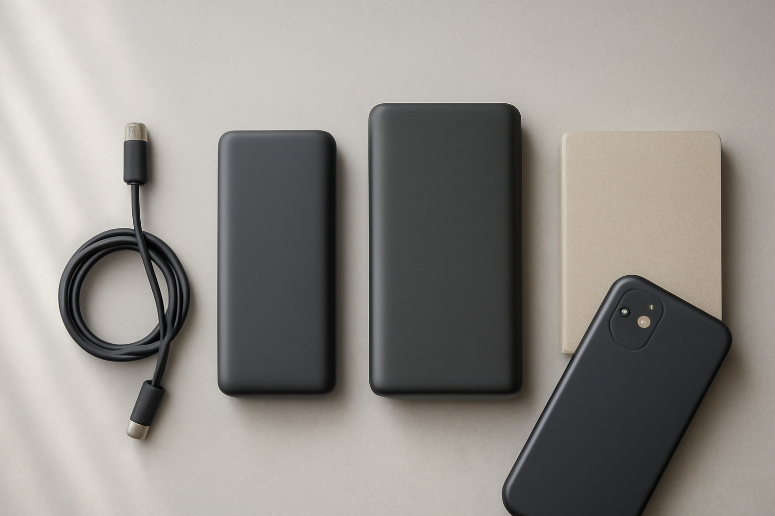 Dua powerbank ukuran berbeda dengan kabel USB-C di atas meja