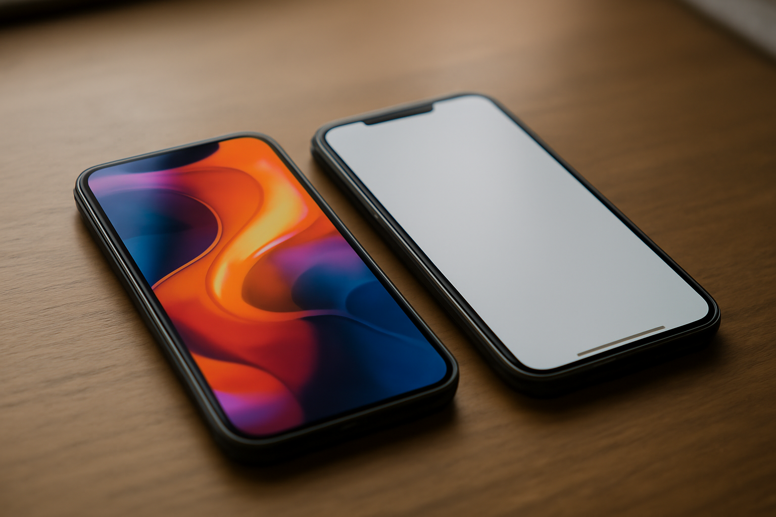 Dua ponsel flagship compact tergeletak berdampingan di atas meja kayu untuk perbandingan Xiaomi 14 vs Samsung Galaxy S24